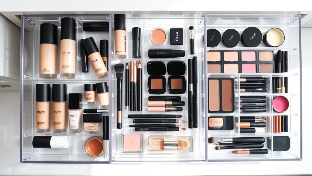 Overhead flat lay of organized makeup products in clear acrylic drawer dividers, featuring foundations, concealers, eyeshadows, and brushes neatly arranged by category and color gradient, natural window lighting, minimalist white vanity surface