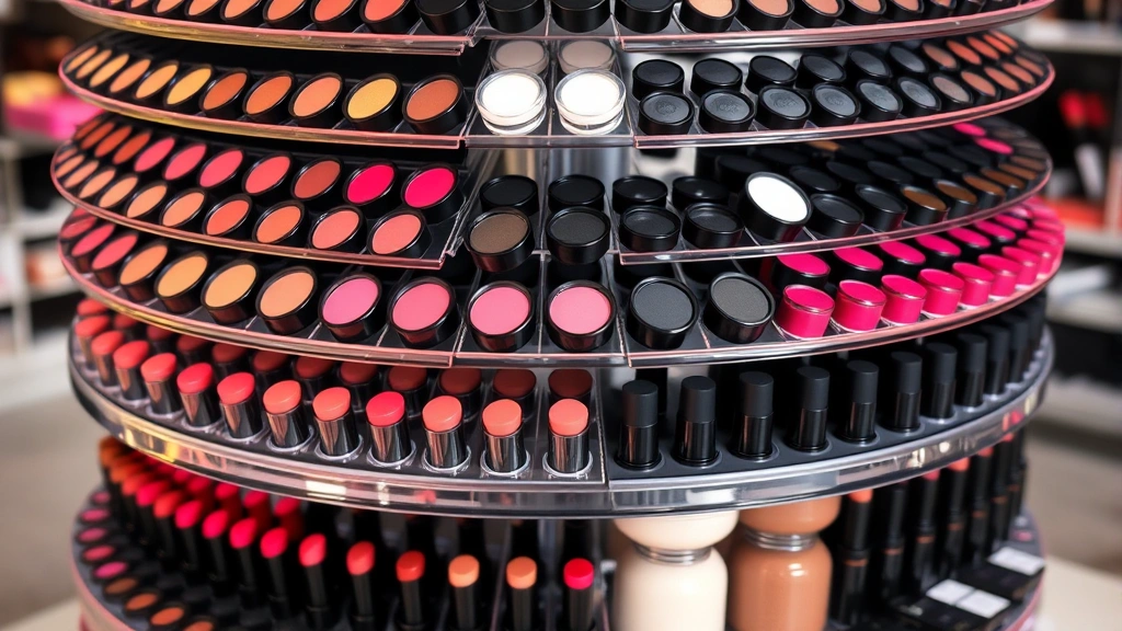 Close-up of a tiered rotating carousel cosmetic organizer displaying hundreds of eyeshadow palettes, lipsticks, and powders in warm and cool undertones, professional studio lighting, showing product visibility and accessibility