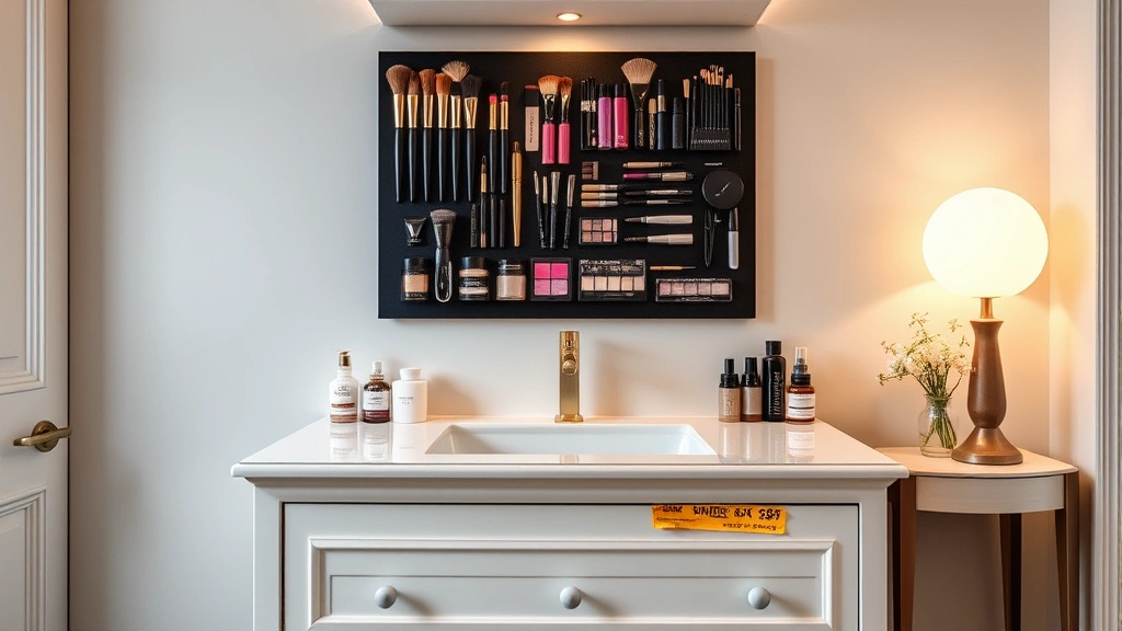 Elegant bathroom vanity with wall-mounted magnetic makeup organizer board displaying brushes, lipsticks, and small jars, complemented by drawer storage below, warm ambient lighting, showing integrated storage solution for complete makeup organization