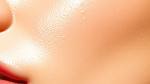 Close-up of hydrated, glowing skin showing smooth texture with visible moisture on surface, professional skincare photography, natural lighting highlighting skin luminosity