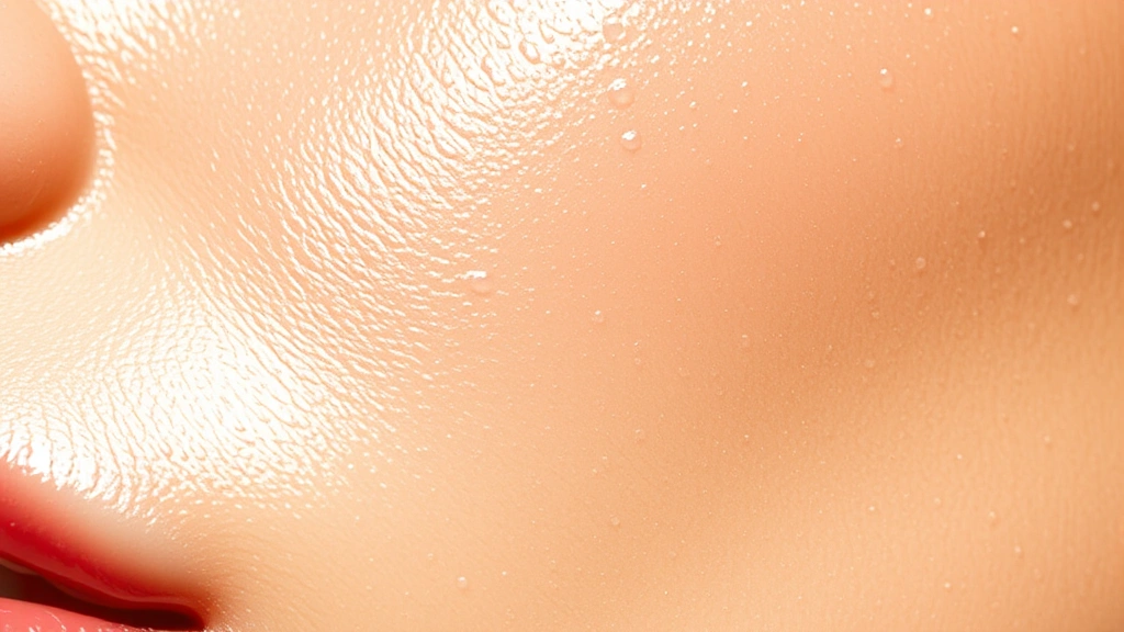 Close-up of hydrated, glowing skin showing smooth texture with visible moisture on surface, professional skincare photography, natural lighting highlighting skin luminosity
