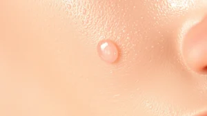Close-up of dewy, hydrated skin texture with water droplets, soft natural lighting, showing healthy skin barrier and moisture reflection on cheek