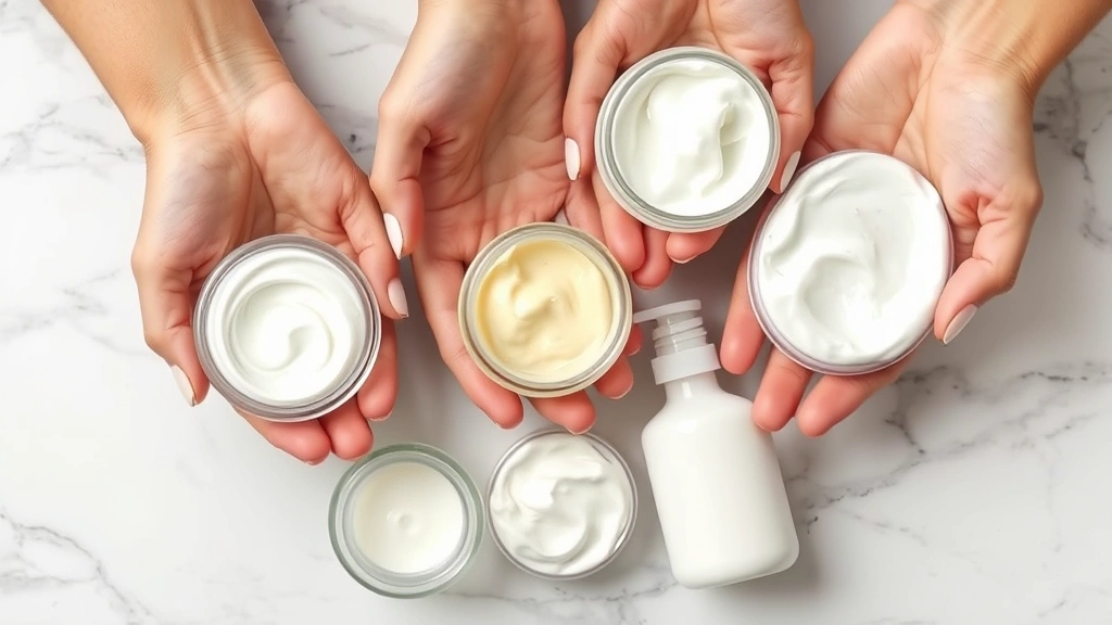 Hands holding various moisturizer textures in glass containers including cream, gel, and lotion formulations, arranged on white marble surface with skincare ingredients like ceramides and hyaluronic acid visible
