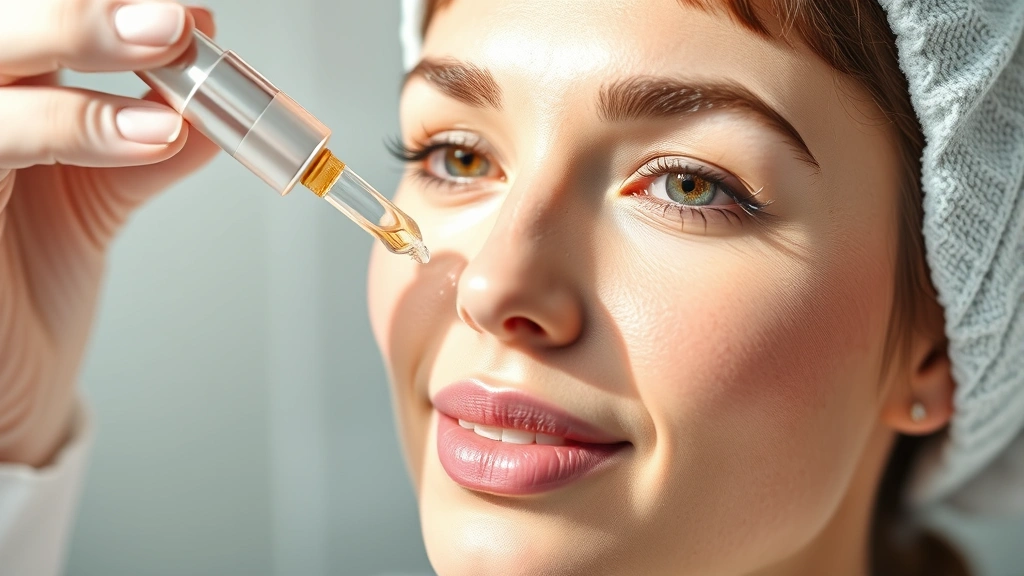 Professional cosmetic nurse applying serum to clean, glowing face with dropper, bright natural lighting, close-up of hydrated skin texture, clinical aesthetic