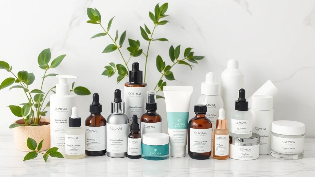 Organized skincare products arranged by category—cleansers, serums, moisturizers, SPF—on white marble surface with green plants, minimalist professional setting