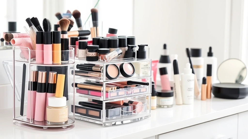 Clear acrylic rotating carousel cosmetic organizer filled with colorful makeup products, eyeshadows, and skincare bottles, displayed on a clean white vanity counter with soft natural lighting
