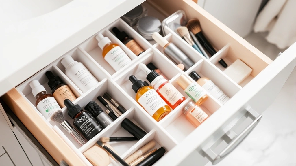 Organized bathroom drawer with compartmentalized dividers containing neatly arranged skincare serums, foundations, and beauty tools, showing efficient product storage and accessibility