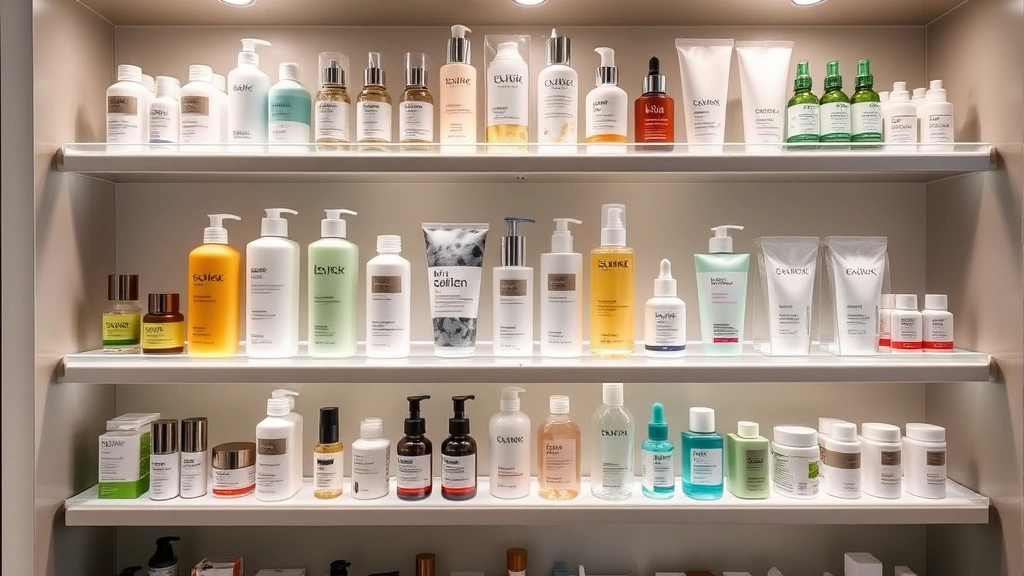Professional-grade tiered shelf organizer displaying multiple skincare products, cleansers, and treatments arranged by type, with soft diffused lighting highlighting product visibility and organization system