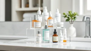 Clear tiered acrylic cosmetic organizer displaying skincare bottles, serums, moisturizers, and beauty products on bathroom countertop, professional product photography, minimalist aesthetic