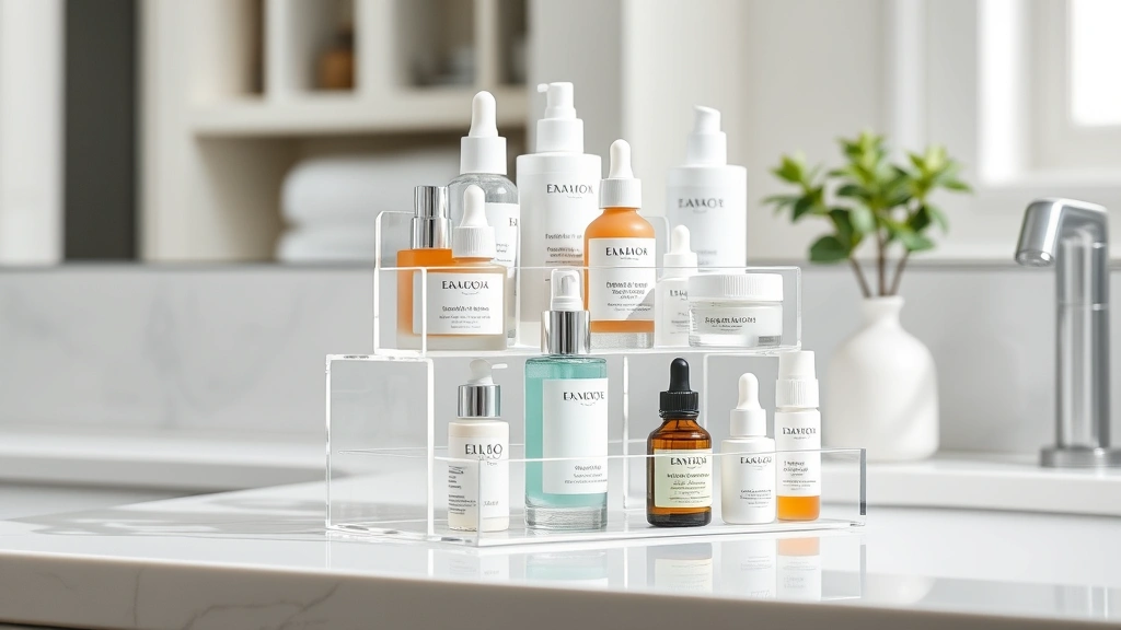 Clear tiered acrylic cosmetic organizer displaying skincare bottles, serums, moisturizers, and beauty products on bathroom countertop, professional product photography, minimalist aesthetic
