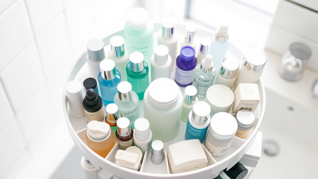 Rotating 360-degree carousel cosmetic organizer filled with various skincare products, toners, serums, and creams, overhead view showing compartments and accessibility, bright bathroom lighting