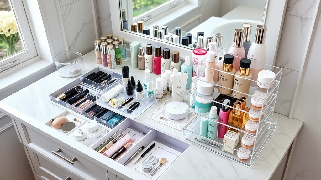 Organized bathroom vanity with multiple cosmetic organizers including drawer dividers and acrylic tiered units, neatly arranged skincare products, luxury bathroom setting, natural lighting