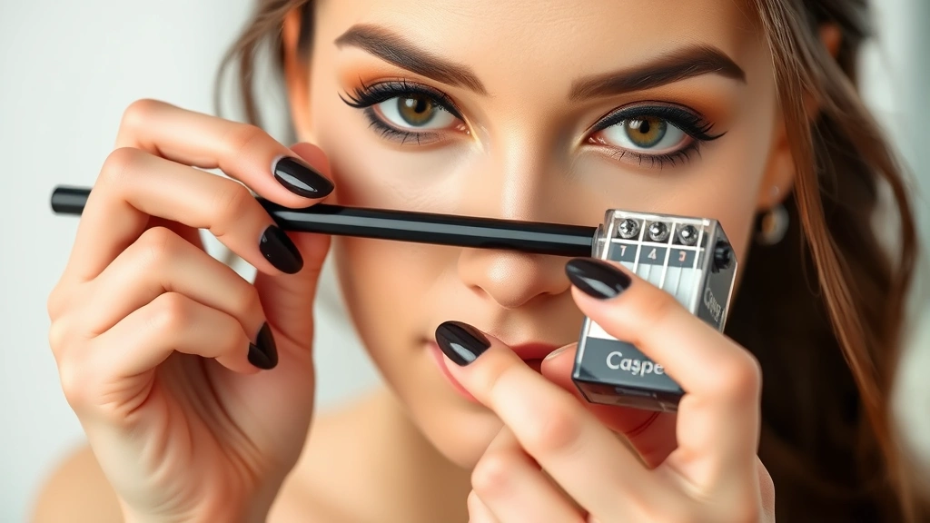 Beauty professional demonstrating proper technique, sharpening a black eyeliner pencil with a premium cosmetic sharpener, creating a sharp pointed tip