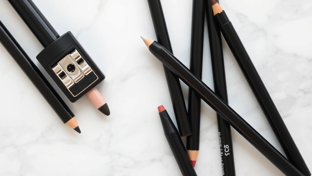 Flat lay collection of various cosmetic pencils including eyebrow pencil, eyeliner, and lip liner next to a luxury cosmetic sharpener on marble surface