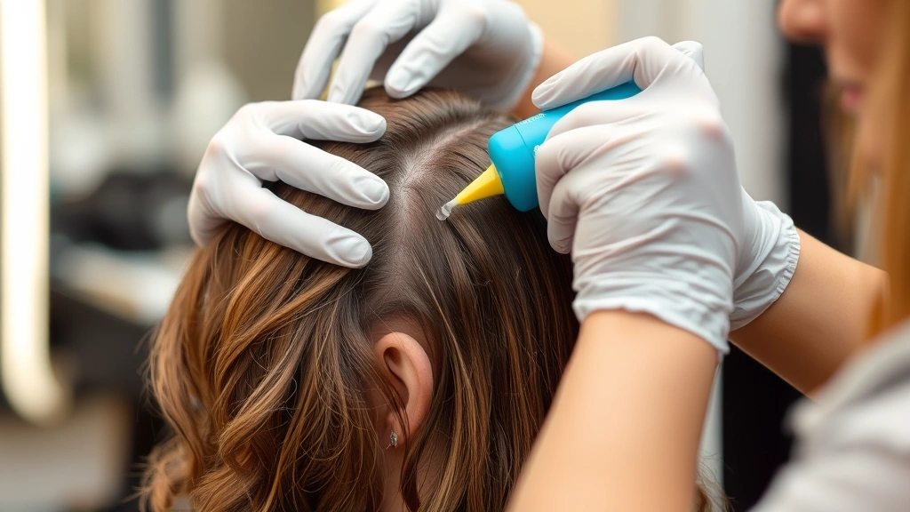 Close-up of a professional stylist carefully applying perm solution to sectioned hair in a salon, with protective gloves and careful precision near the scalp area