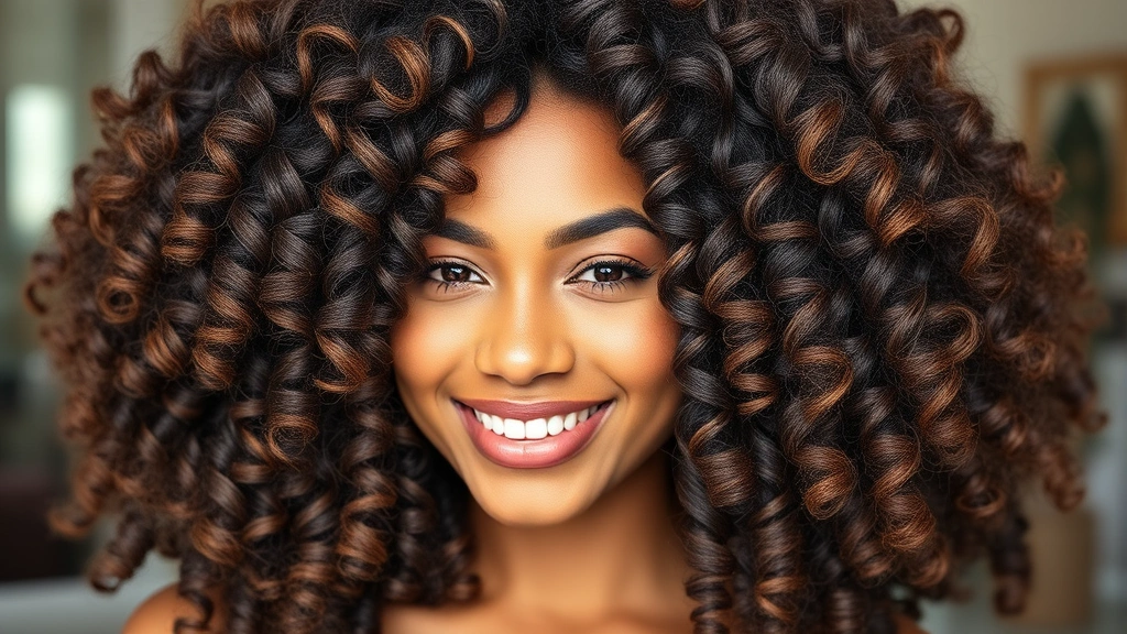 Woman with beautiful, healthy-looking spiral curls and waves, demonstrating successful perm results with glossy, well-moisturized hair texture