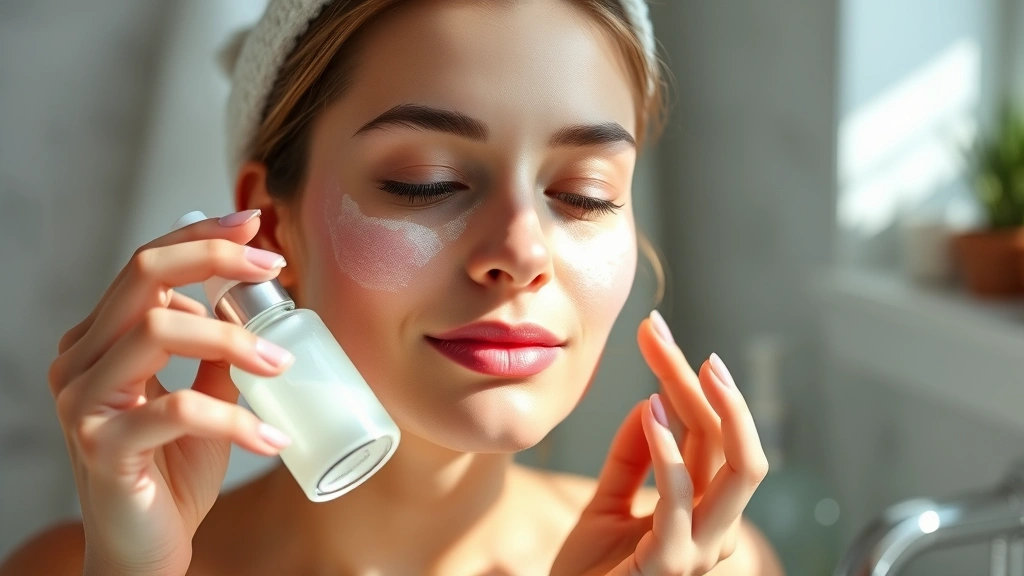 Woman applying cold serum to face with visible soothing effect, morning skincare routine, fresh glowing skin, spa-like bathroom setting, peaceful expression, natural lighting