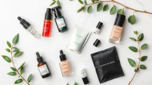 Overhead flat lay of cosmetic samples including serum vials, moisturizer packets, and foundation sample bottles arranged on white marble with green plants, professional beauty photography style