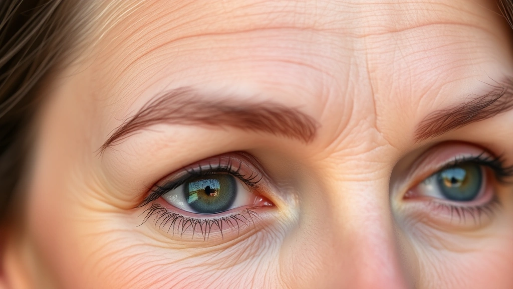 Close-up of a woman's face showing fine lines and wrinkles around the eyes and forehead, natural lighting, photorealistic, no text or labels