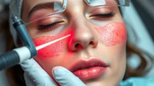 Close-up of fractional laser treatment on face showing red, treated skin with microscopic treatment zones visible, professional clinical setting with protective eyewear, no text or labels