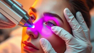Close-up of a dermatologist's hand holding a professional laser device positioned near a patient's forehead during a cosmetic laser treatment session in a clinical setting, warm professional lighting, focused expression, sterile environment