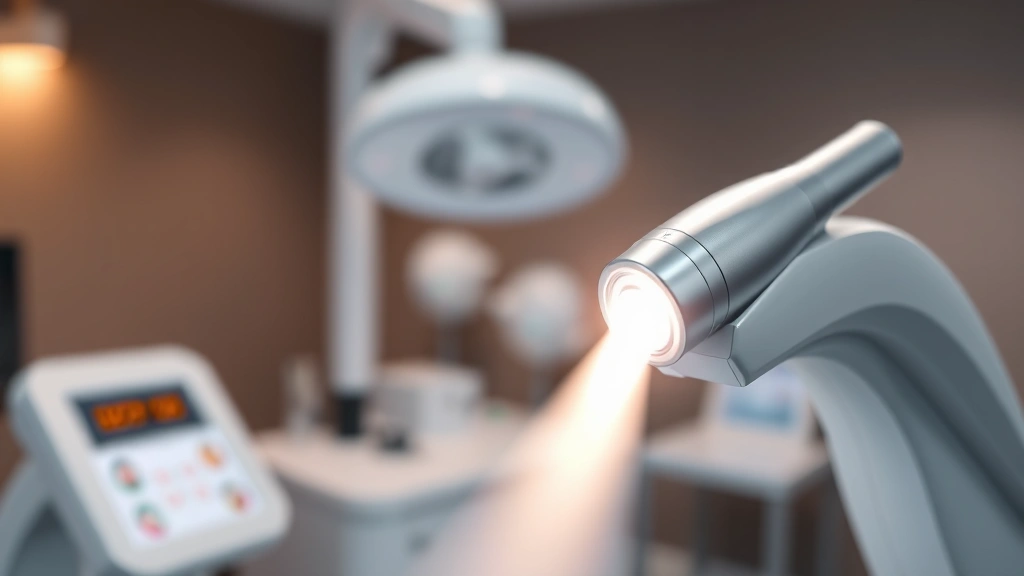 Professional dermatology clinic setting with modern laser equipment, blurred background, showing laser handpiece emitting light, warm clinical lighting, photorealistic