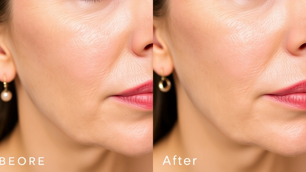 Before and after comparison showing skin texture improvement on a woman's cheek and jawline, clear visible reduction in fine lines and improved skin radiance, natural daylight photography, professional medical aesthetic