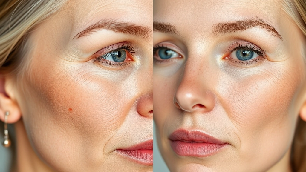 Before and after style split image: left side showing sun-damaged skin with age spots and texture irregularities, right side showing smooth, even-toned rejuvenated skin, photorealistic, no text