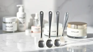 Professional stainless steel cosmetic spatula set displayed on white marble surface with various skincare jars in background, soft natural lighting highlighting metallic finish and precision design