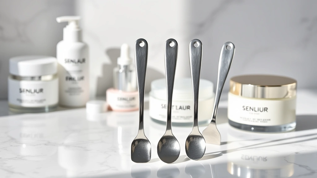 Professional stainless steel cosmetic spatula set displayed on white marble surface with various skincare jars in background, soft natural lighting highlighting metallic finish and precision design