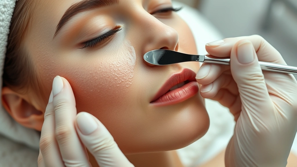 Close-up of woman's face receiving careful serum application with cosmetic spatula, professional spa setting, focus on precise product distribution and skin contact, calming neutral background