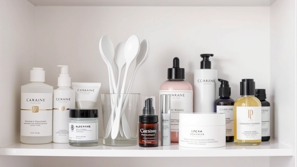 Organized skincare collection showing multiple cosmetic spatulas in glass holder alongside various skincare products, clean minimalist bathroom shelf, demonstrating daily skincare routine setup