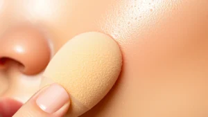 Close-up of a damp cosmetic sponge blending dewy foundation onto fair skin, showing stippling technique with soft lighting highlighting the sponge texture and skin glow