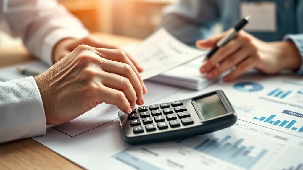 Close-up of hands reviewing financial documents and calculator on desk with surgical consultation photos, professional finance planning setting, warm lighting, high-resolution