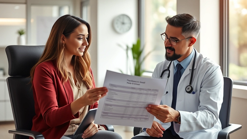 Diverse woman consulting with medical professional in modern clinic office, reviewing treatment plan and cost breakdown document, natural lighting from windows, professional healthcare environment