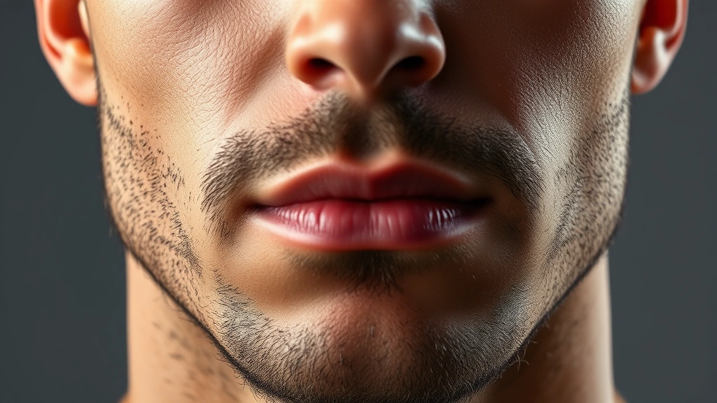 Close-up of a man's face showing defined jawline and facial structure, professional studio lighting, natural skin texture visible, masculine facial features emphasized, no text or labels