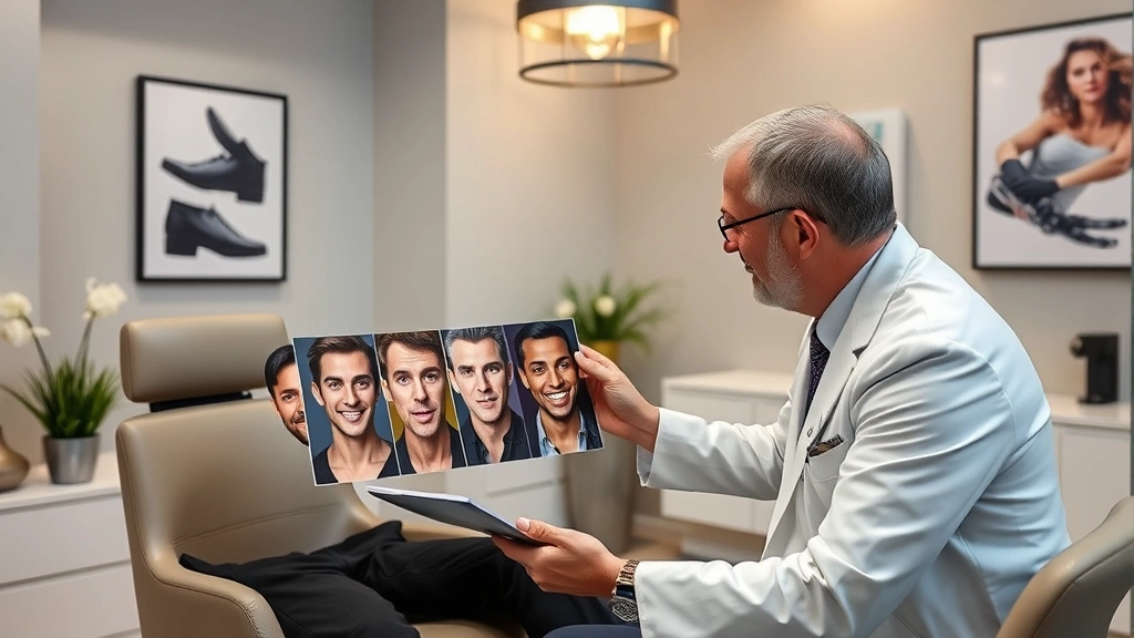 Professional male patient in consultation with board-certified plastic surgeon reviewing before-and-after photos in modern medical office with neutral tones and professional decor