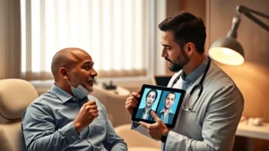Professional male patient in modern cosmetic surgery consultation room discussing facial anatomy with board-certified surgeon, showing before-and-after photos on tablet device, warm clinical lighting