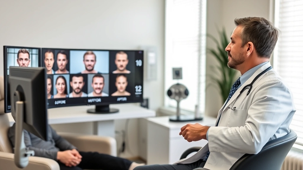 Professional male patient in consultation with board-certified cosmetic surgeon, discussing procedure options while reviewing before-and-after photos in modern medical office setting