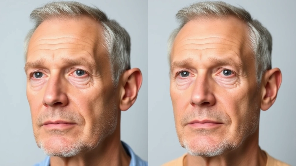 Before-and-after style split image showing subtle facial rejuvenation results on a mature man, one side showing age-related features like fine lines and volume loss, other side showing refreshed appearance, professional photography, neutral background