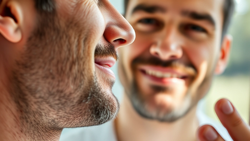 Close-up of male patient examining jawline and facial features in mirror with natural lighting, showing confidence and satisfaction with appearance