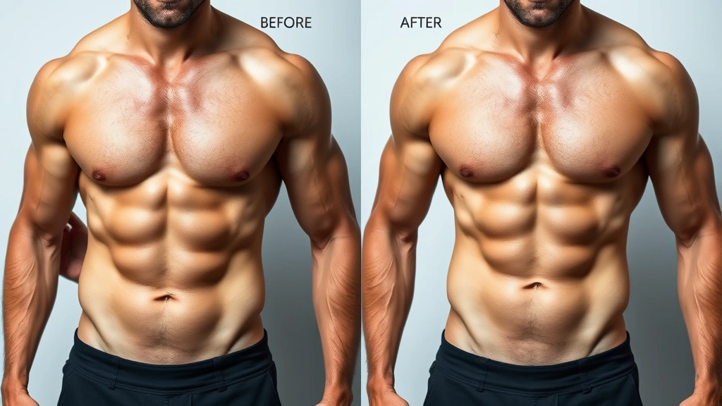 Before and after comparison showing male chest definition and abdominal muscle definition after body contouring procedure, athletic build, professional medical photography style