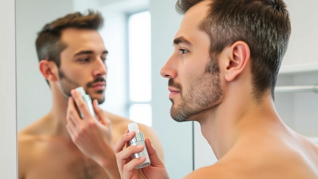 Man applying skincare product to face in bathroom setting, demonstrating post-procedure care routine, holding moisturizer or serum bottle, natural lighting from mirror, focusing on proper application technique and skin health maintenance