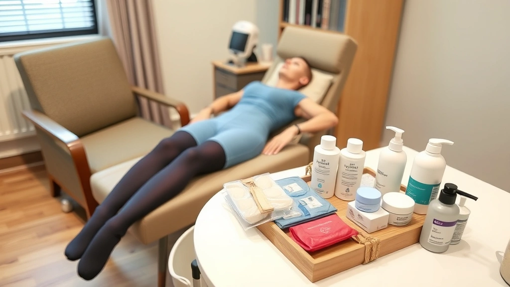 Recovery room setup with comfortable seating, compression garment, ice packs, and skincare products arranged on side table for post-surgical care