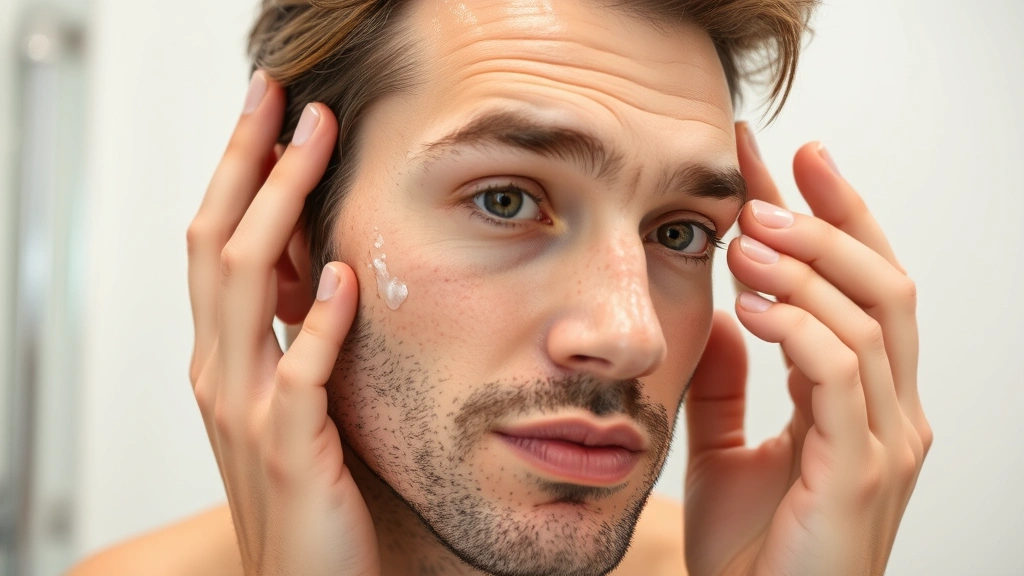 Recovery phase male patient with minimal swelling and bruising, applying gentle skincare products to face, clean bathroom setting, demonstrating post-operative care routine