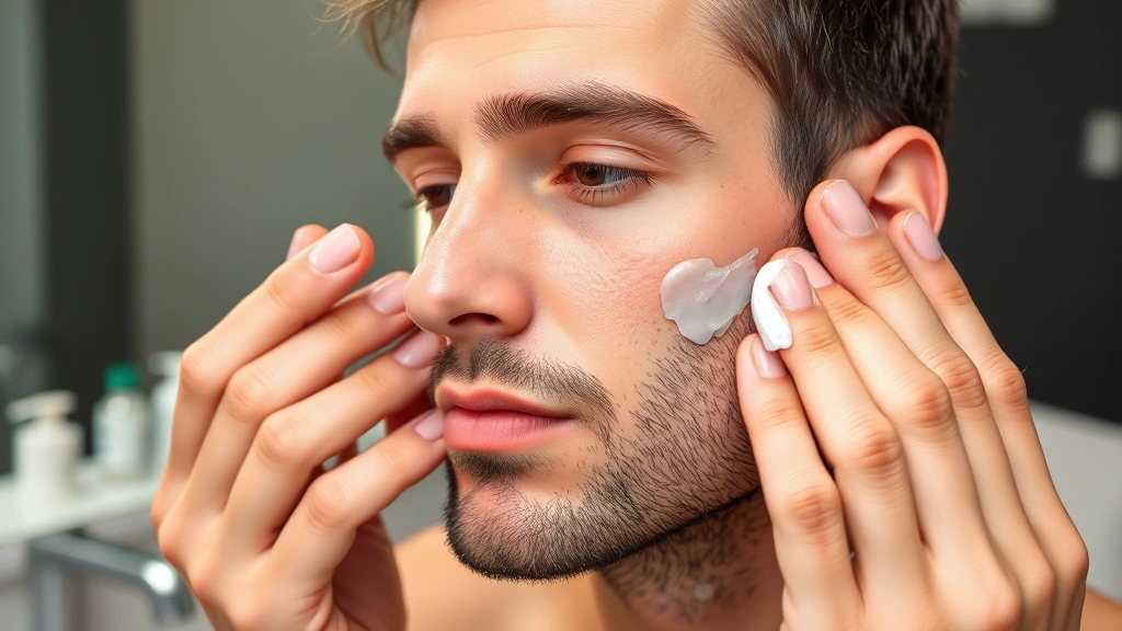 Male patient in post-operative recovery period with minimal visible swelling, applying gentle moisturizer to face following cosmetic procedure, bathroom setting with proper lighting and skincare products