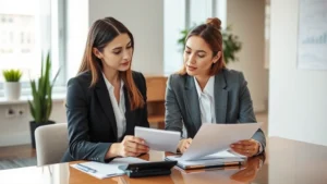 Professional financial advisor consulting with a woman in a modern office about surgery financing documents and calculator