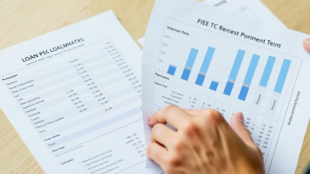 Close-up of hands reviewing loan documents and comparison sheets with graphs showing interest rates and payment terms