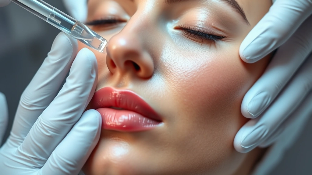 Close-up of woman's face receiving professional skincare treatment with hyaluronic acid serum, glowing complexion, spa lighting, serene expression, pre-surgical skin preparation aesthetic