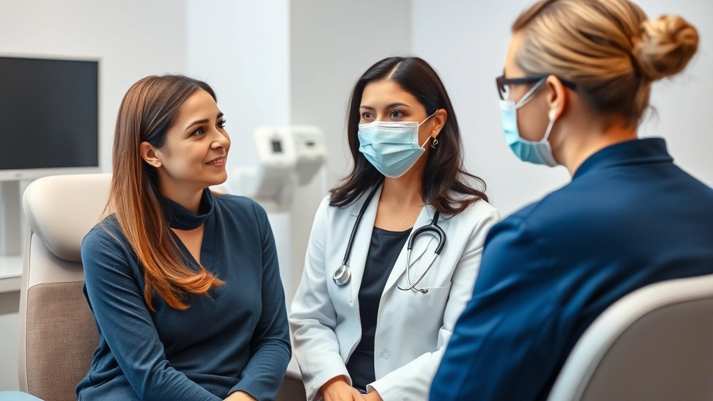 Woman consulting with medical professional about cosmetic procedure options, discussing treatment plan, clinical yet comfortable setting, focus on professional guidance and informed decision-making
